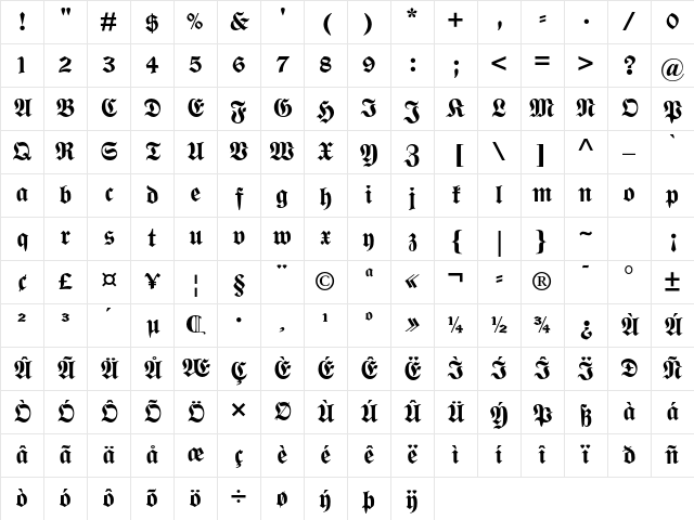 Wittenberger Fraktur MT Std Bold Character Map