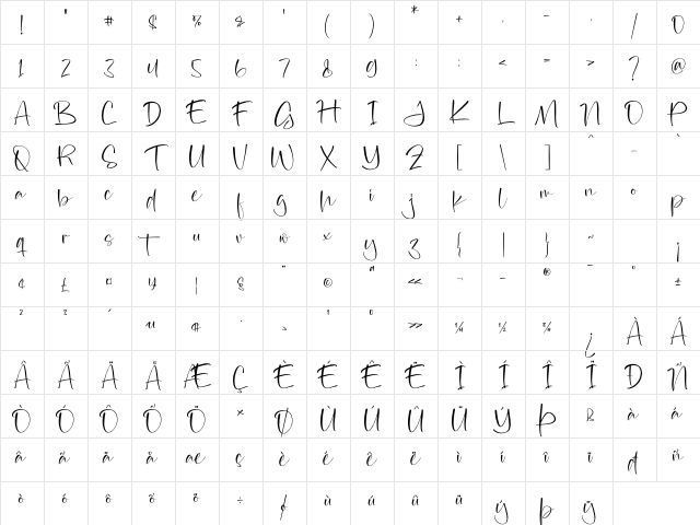 Yasintha Regular Character Map