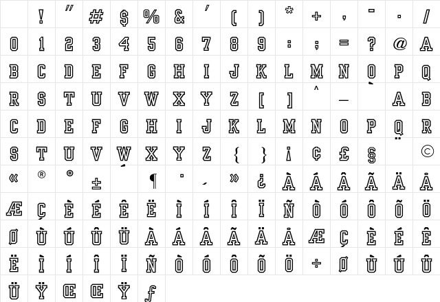 Yearbook CG Outline Regular Character Map