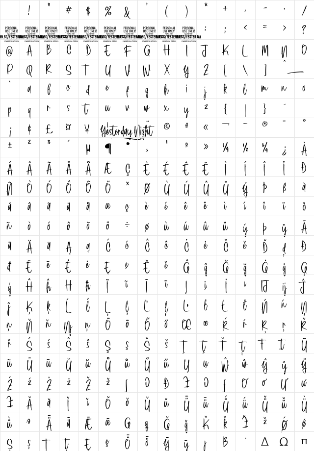 Yesterday Night PERSONAL Regular Character Map