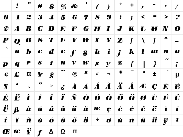 ZapfBookEF-HeavyItalic Regular Character Map