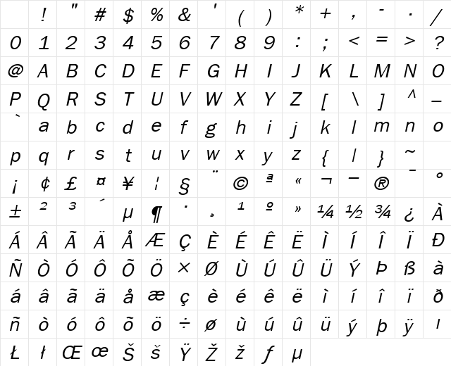 LibraryGothic Italic Character Map
