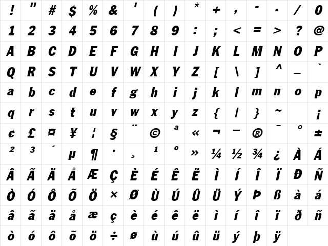 LibraryGothicHeavy Italic Character Map