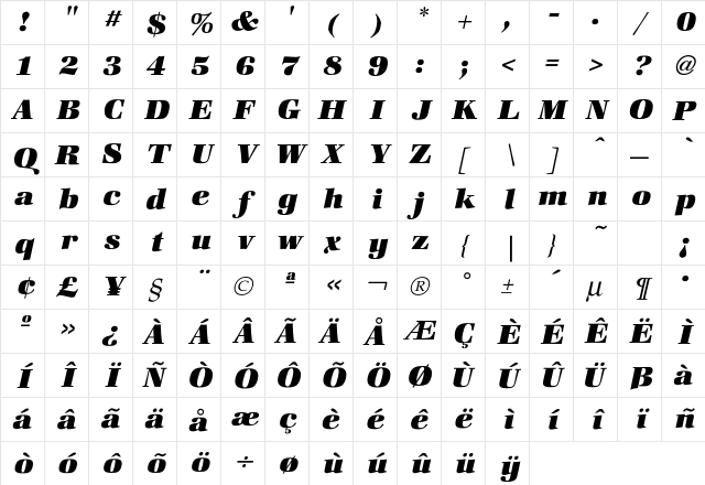 Zapf HeavyItalic Character Map