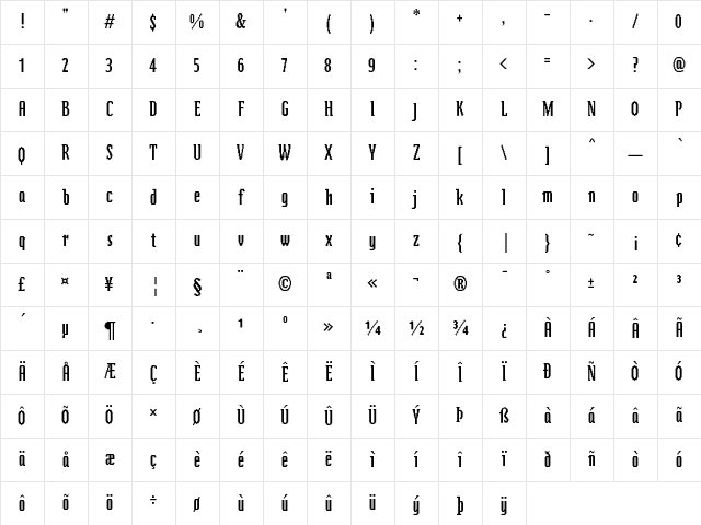 Zeitgeist MT Condensed Character Map