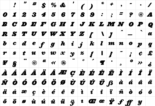 Ziggurat HTF-Black-Italic Character Map