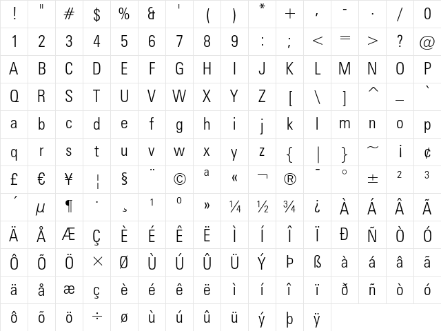 Zurich Light Condensed Character Map