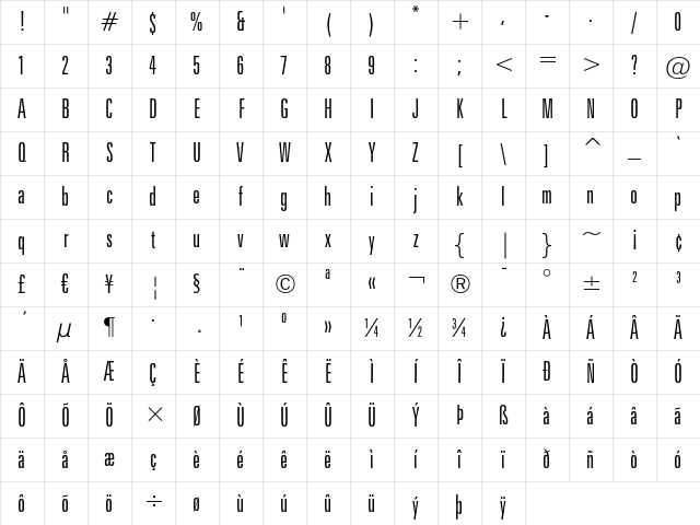 Zurich Light Extra Condensed Character Map
