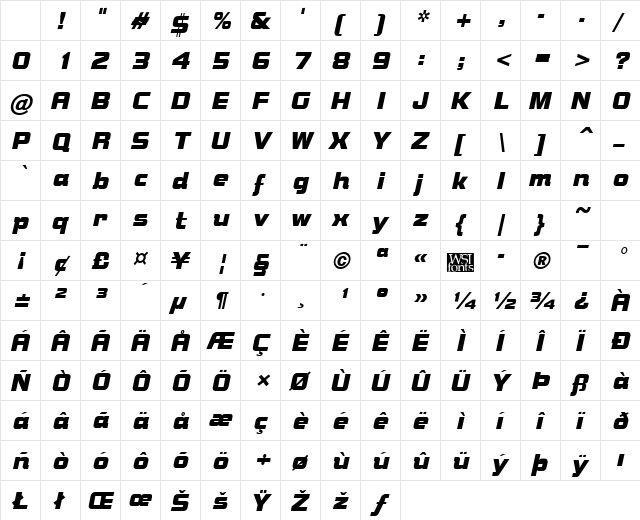 Bolster Italic Character Map