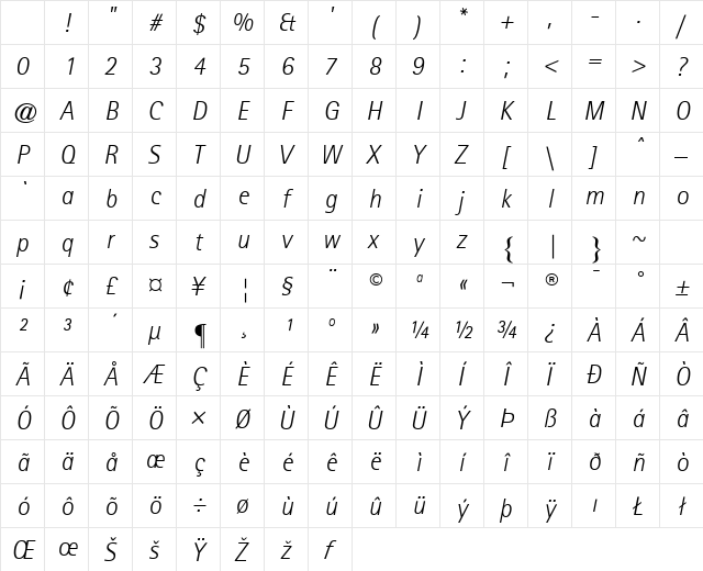 Libre SansSerif Light SSi Light Italic Character Map