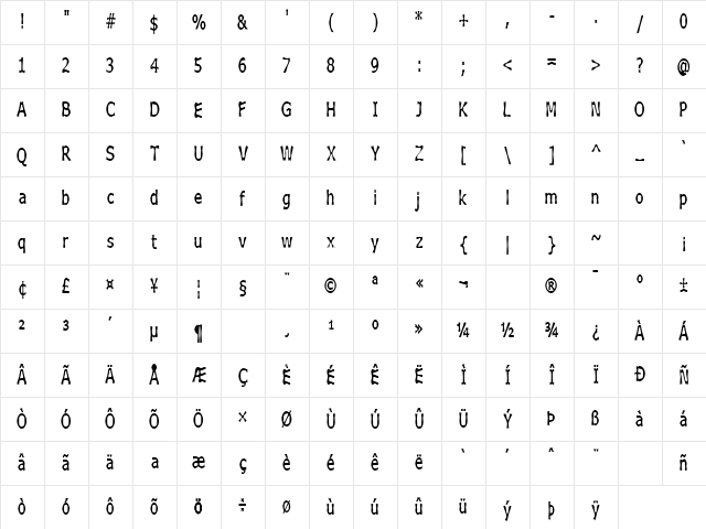 Boneribbon Tall Bolder Regular Character Map