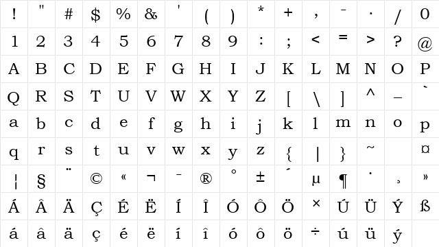 Bookman Old Style CE Regular Character Map
