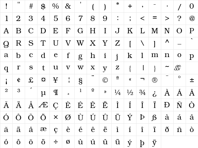 Bookman Light SSi Light Character Map