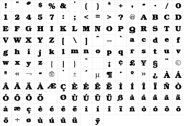 Bookman Bold Character Map