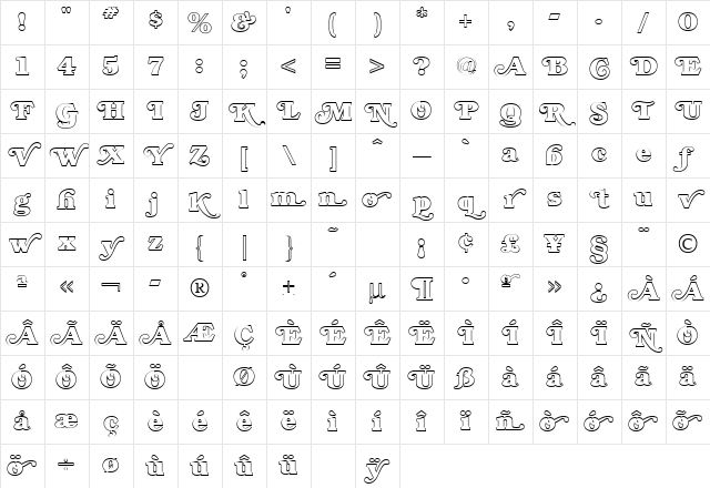 Bookman Regular Character Map