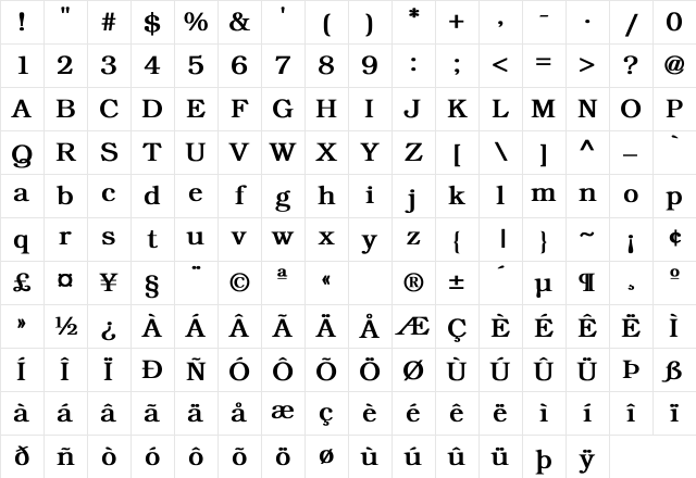 Bookman Bold Character Map