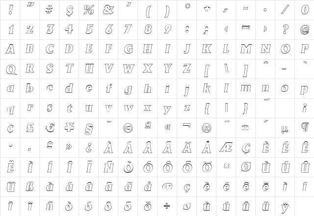 AdelonOutline-Heavy Italic Character Map