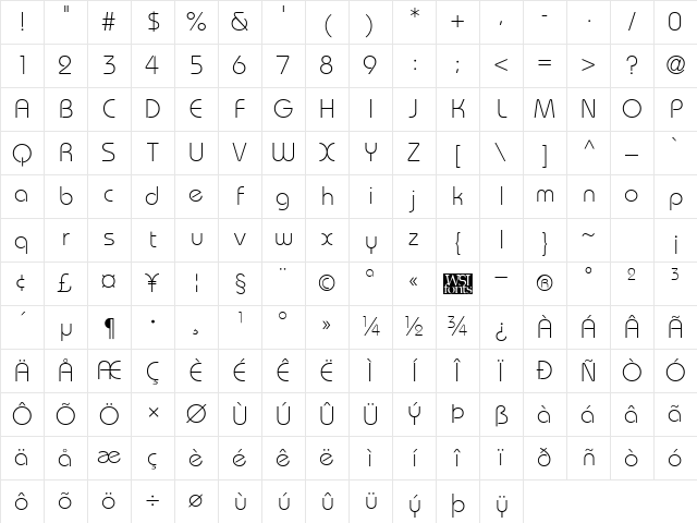 Bordeaux Light Regular Character Map