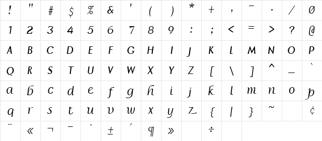 Borzoi Bold Italic Character Map
