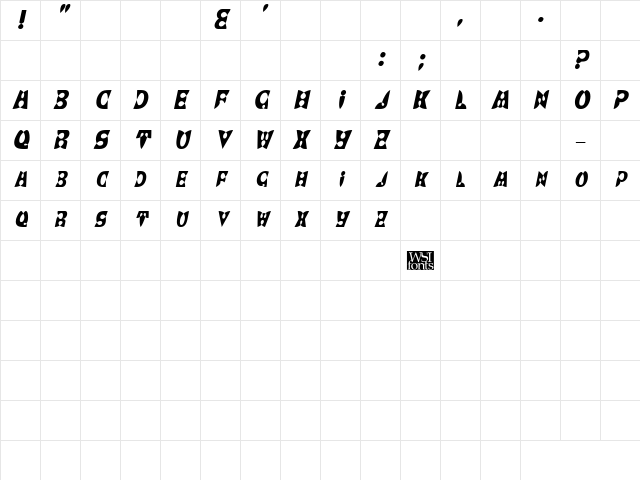 BrashDisplayCaps Italic Character Map
