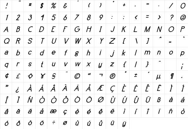 Brassfield Italic Character Map