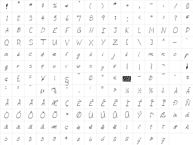 BrettsHand Regular Character Map