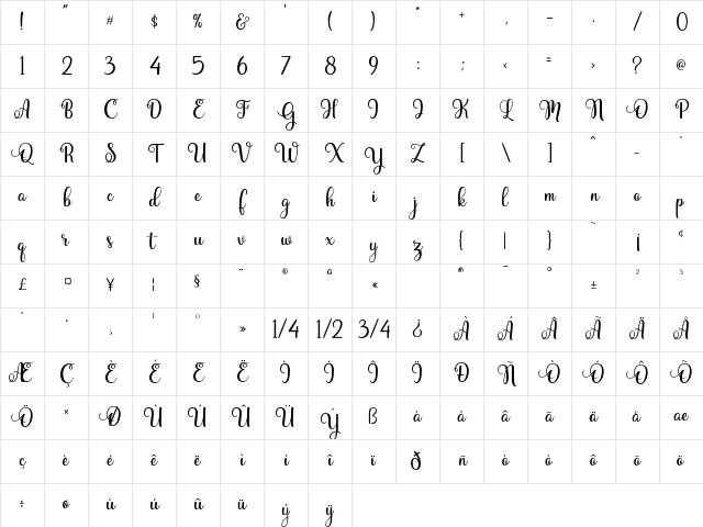 Bride Regular Character Map Bride Regular Character Map