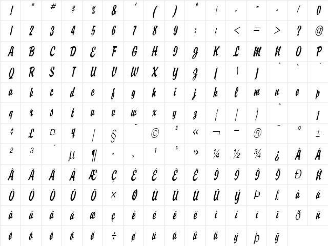 Brisk Italic Character Map Brisk Italic Character Map