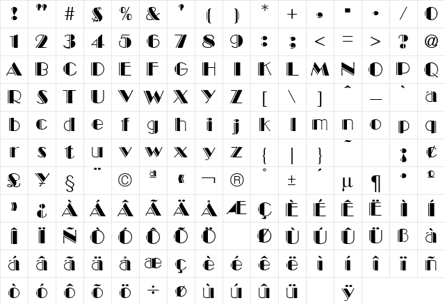 Broadway Engraved Regular Character Map
