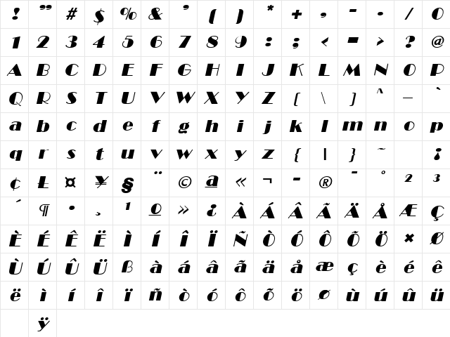 Broadway Italic Character Map
