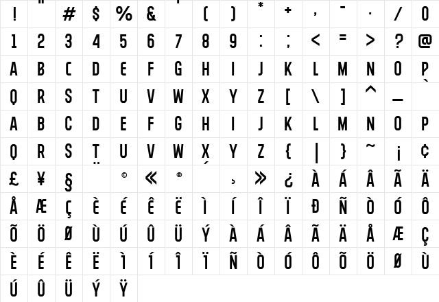BROOKLINE Condensed Character Map BROOKLINE Condensed Character Map