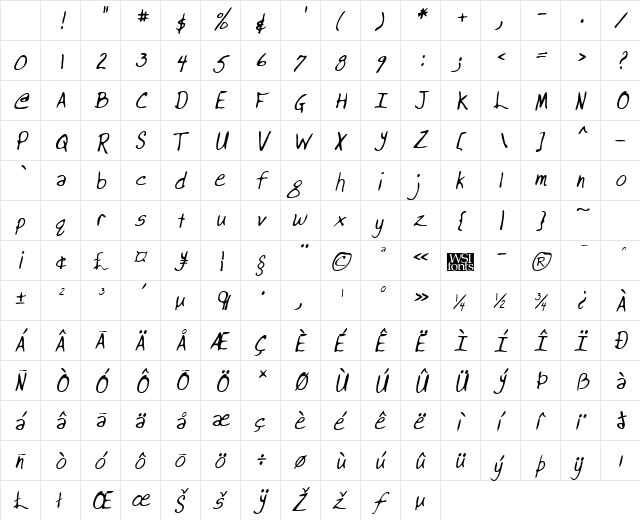 BrooksHand Italic Character Map BrooksHand Italic Character Map