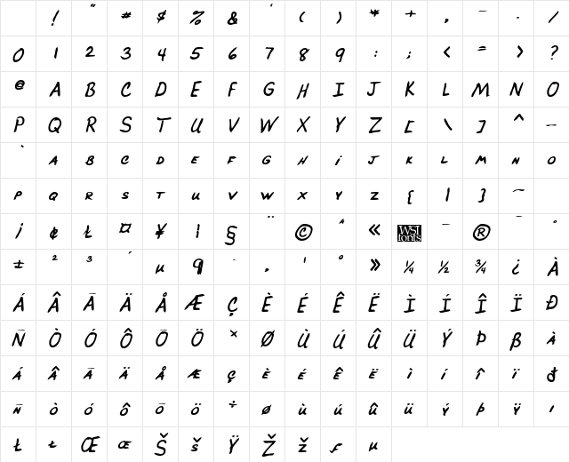 BrucesHand Bold Italic Character Map BrucesHand Bold Italic Character Map