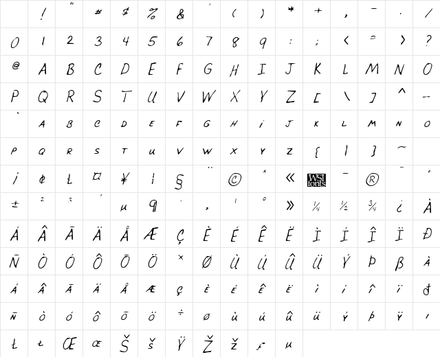 BrucesHand Italic Character Map BrucesHand Italic Character Map