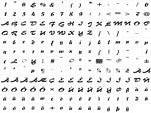 BrushFlairExpanded Regular Character Map
