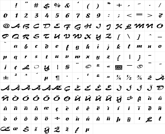 BrushFlairExpanded Regular Character Map
