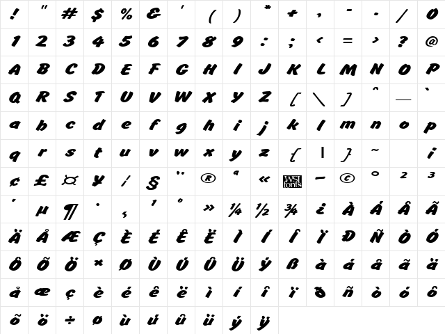 BrushHandExpanded Regular Character Map BrushHandExpanded Regular Character Map