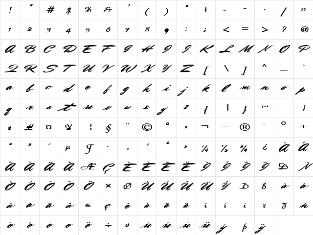 BrushMasterFont12 Regular Character Map