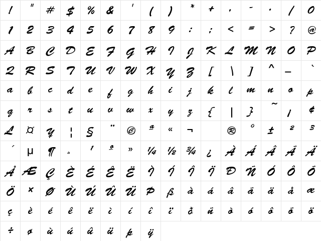 BrushScript-Normal-Italic Regular Character Map BrushScript-Normal-Italic Regular Character Map
