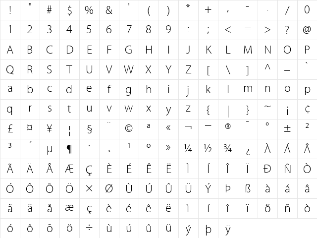 AdobeCorporateIDMyriad-Light Light Character Map
