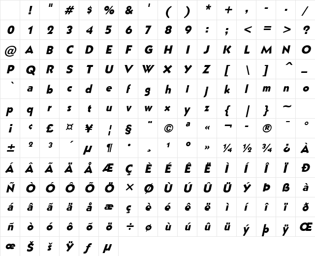 Bully Italic Character Map