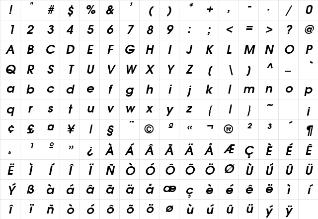 Advance Bold-Oblique Character Map