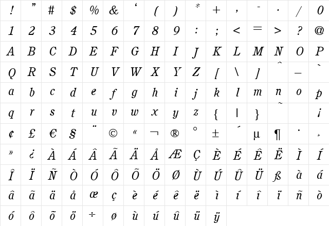 C851-Roman Italic Character Map