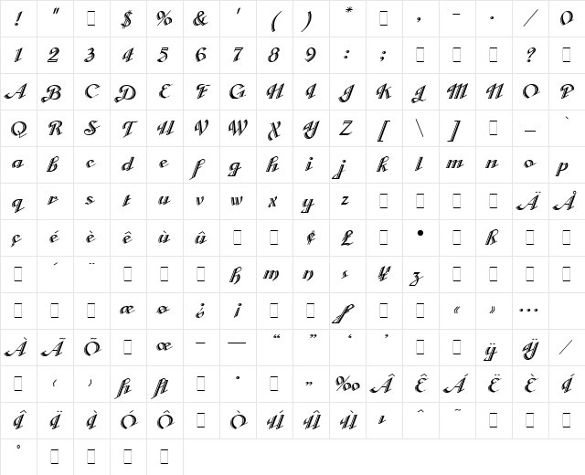 Cabarga Cursiva Plain Character Map