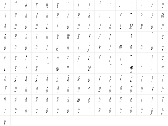 CactusLight Italic Character Map