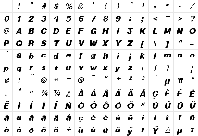 CactusSSK Italic Character Map