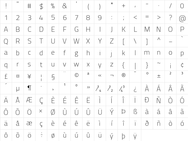 Cairo ExtraLight Character Map