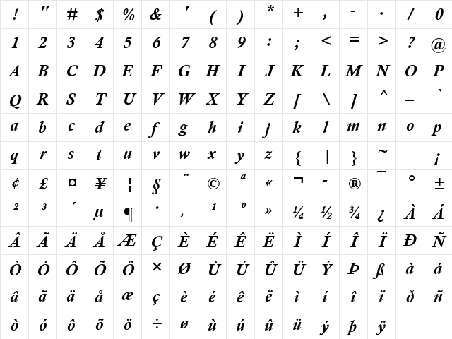 Calisto MT Bold Italic Character Map