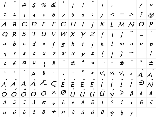 Calli 109 BoldItalic Character Map