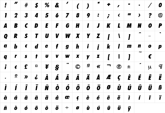 Limerick-ExtraBoldCondIta Regular Character Map